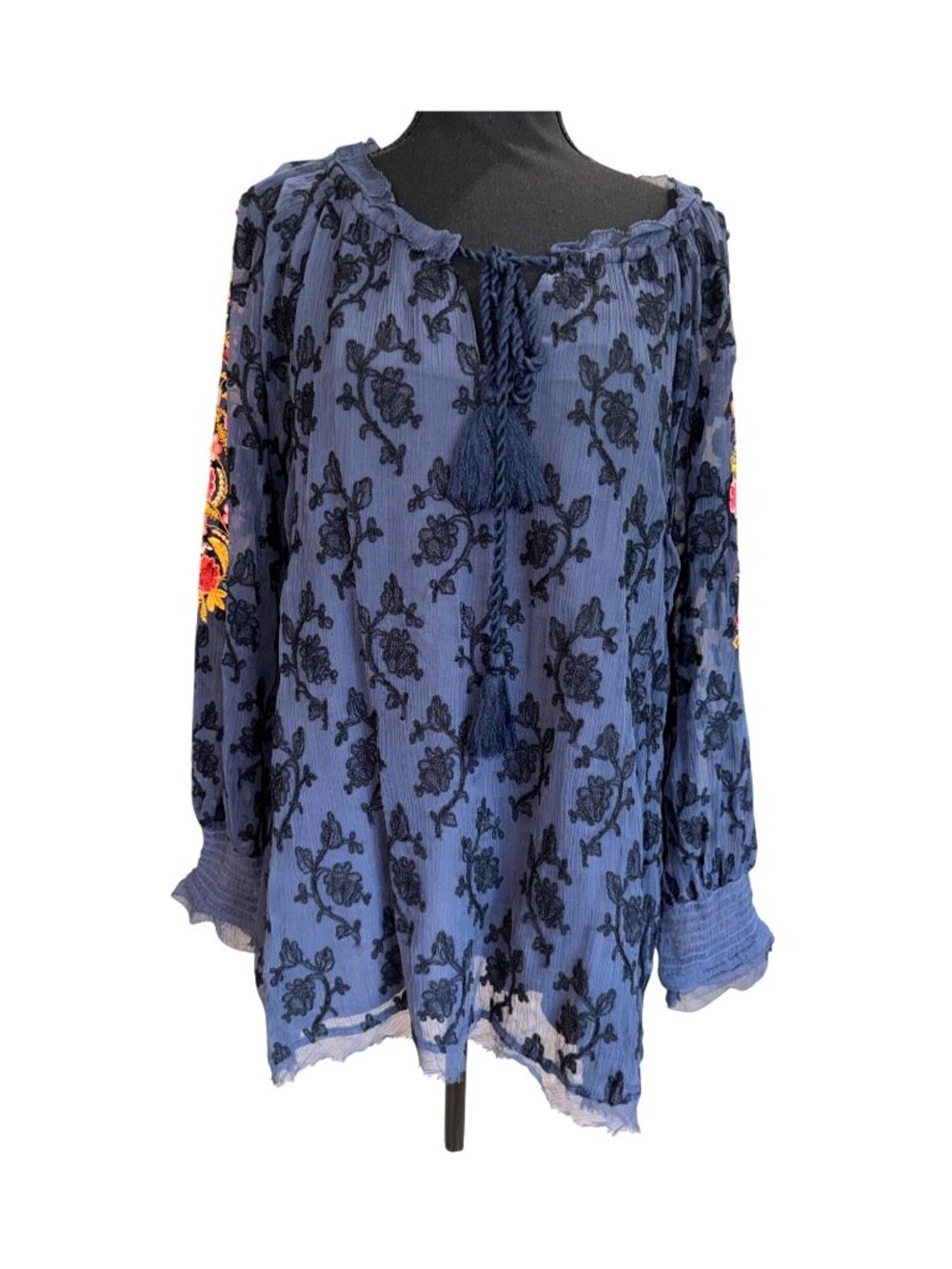 NWT SUNDANCE Womens Navy Gemma Elegance Boho Top Embroidered Blouse Tunic XL - Picture 2 of 11